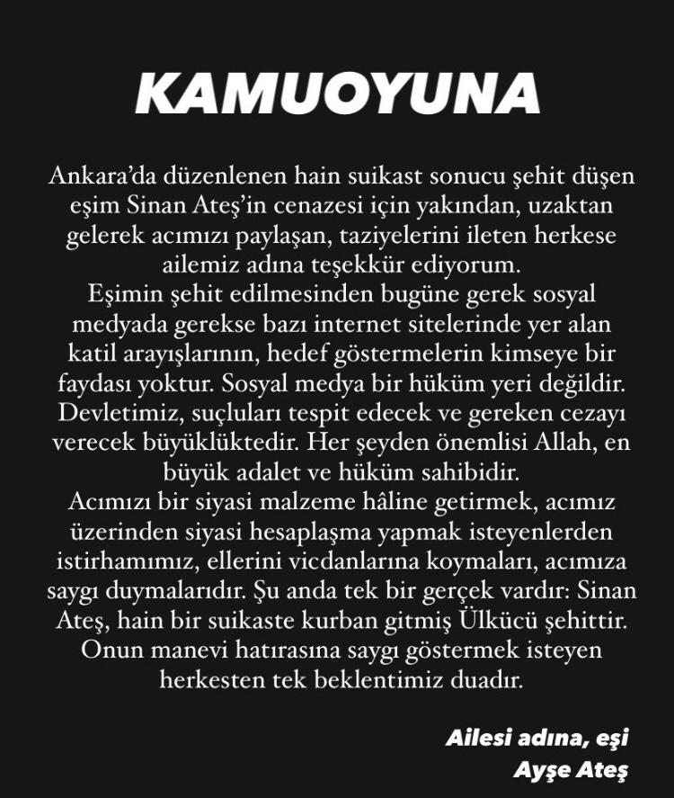 Eski Ülkü Ocakları Başkanı Ateş’in eşinden açıklama:”Devletimiz, suçluları tespit edecek ve gereken cezayı verecek büyüklüktedir”